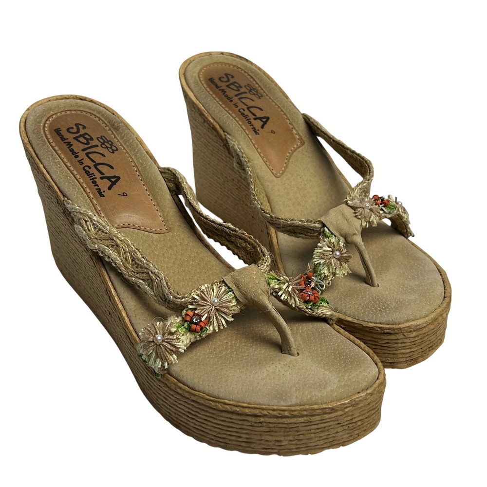 Sbicca Tan Floral Embroidered Jute Wedge Platform Sandals Womens 9 Made in USA